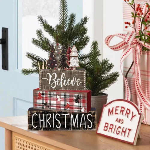 Miniatura 6 de DIYDEC 4 piezas de decoración de mesa de Navidad, árbol de Navidad, letrero de bloque de madera, decoración de bandeja escalonada de Navidad, pieza