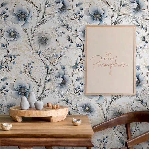 Miniatura 5 de Papel Pintado Floral Plateado Gris/Azul/Blanco Flores de Amapola de Despegar y Pegar Papel de Contacto Fácil de Despegar Papel Adhesivo para Pegar