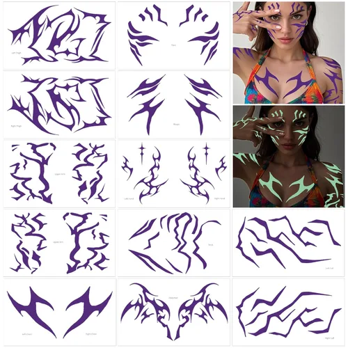12 tatuajes temporales morados que brillan en la oscuridad, tatuajes falsos de baile para cosplay, Halloween, festival de música, maquillaje de