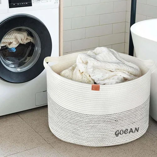 Miniatura 8 de GOCAN Cesta de Lavandería Extra Grande 22" X 22" X 14" XXXL Cesta Tejida de Cuerda de Algodón para Mantas Cesta de Almacenamiento con Asas para Sala
