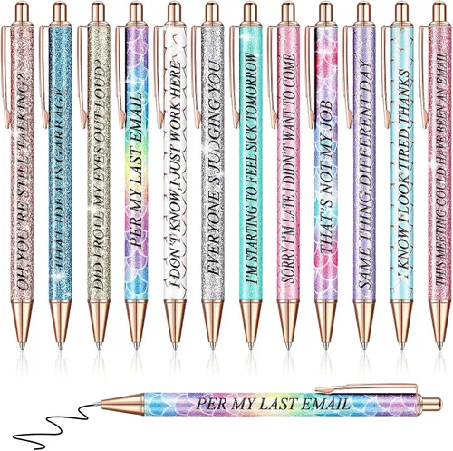 Glenmal Juego de bolígrafos con purpurina de 12 piezas, divertidos bolígrafos de palabras para adultos, negativo de oficina, azul, rosa, amarillo,