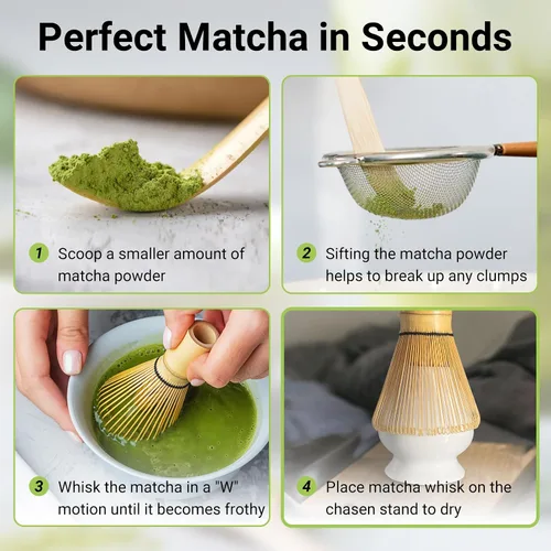 Miniatura 3 de SHONMISEN Juego de Batidor de Bambú Matcha - Batidor de Matcha (Chasen), Soporte para Batidor (Blanco), Colador, Cuchara para Té y Cuchara de Té