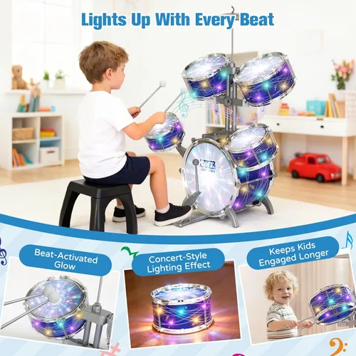 Miniatura 6 de Juego de batería para niños pequeños de 1 a 3 años, kit de batería de jazz de 5 piezas con taburete, pedal de bajo y platillo, instrumento musical
