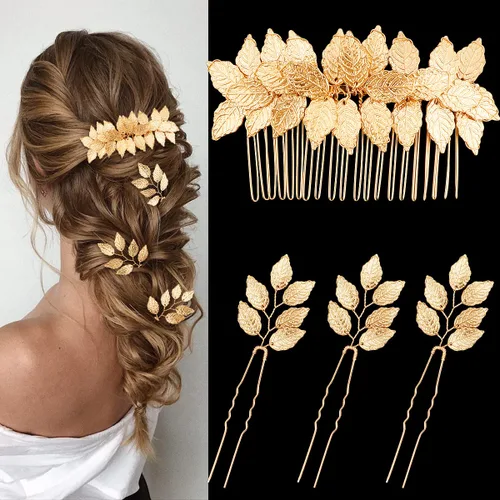 4 horquillas de pelo de hoja dorada, horquillas para el pelo para novia, boda, accesorios para el cabello vintage para mujeres, niñas, novias, damas