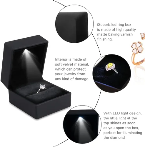 Miniatura 4 de iSuperb Caja de anillo con luces LED, 2 unidades, para propuestas, compromisos, bodas, regalos (paquete de 2 unidades, negro)