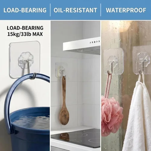 Miniatura 4 de Ganchos de pared – 33 libras máximo, transparentes, sin costuras, impermeables y resistentes al aceite, ganchos adhesivos resistentes para abrigos