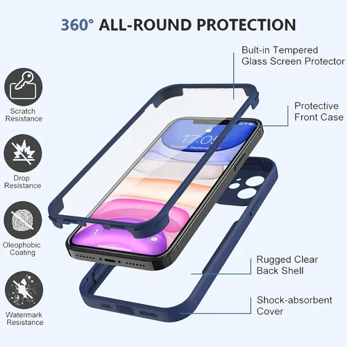 Miniatura 2 de Funda compatible con iPhone 11, diseño transparente de cuerpo completo con protector de pantalla integrado, a prueba de golpes, antiarañazos, Azul