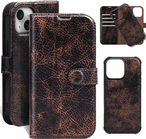 Miniatura 46 de Funda de cuero compatible con iPhone 16 Pro Max Cartera 6.9", cuero genuino 2 en 1, magnética, desmontable, a prueba de golpes, funda tipo folio
