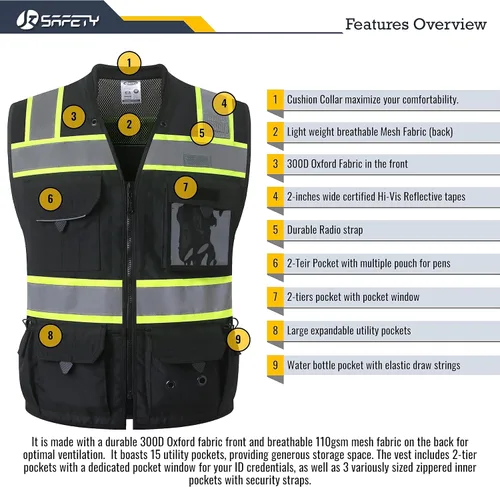 Miniatura 6 de JKSafety Hi-Vis Chaleco de seguridad unisex para topógrafos de alta visibilidad, resistente, con bolsillos internos, cumple con las normas ANSI/ISEA