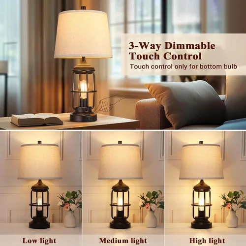 Miniatura 2 de Qimh Juego de 2 lámparas de mesa para dormitorio con puertos USB A+C, lámpara de mesita de estilo granja con luz nocturna, control táctil regulable