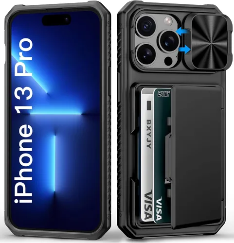 Miniatura 13 de BXYJY Funda tipo cartera para iPhone 15 Pro con tarjetero (4-5 tarjetas) y cubierta deslizante para cámara y soporte, protección contra caídas