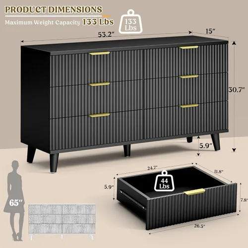 Miniatura 5 de Lulive Moderno juego de cómodas y mesitas de noche de 4 piezas, cómoda de 6 cajones + 2 mesitas de noche + 5 cajones con estación de carga