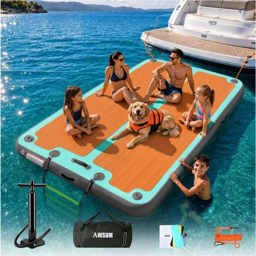 Miniatura 8 de AWSUM Plataforma de muelle inflable, superficie antideslizante de EVA de 8 a 15 pies, isla flotante resistente para lago, piscina, playa y océano
