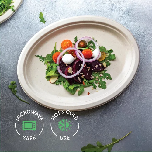 Miniatura 4 de Platos de papel ovalados 100% de composta [10 pulgadas – 50 unidades] Elegante plato desechable de alta calidad, bagazo natural sin blanquear