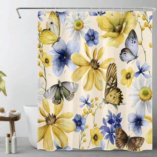 Watercolor Plant Flower Shower Curtain Blue Yellow Floral and Retro Butterfly on Beige Shower Curtain Set for Bathroom Rustic Nature Fabric Bath