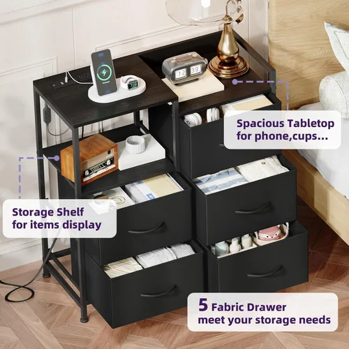 Miniatura 6 de Somdot Mesita de noche negra con estación de carga y luz LED, cómoda ancha de 5 cajones para dormitorio con contenedores de tela y estante abierto