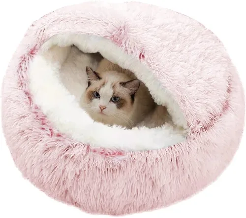 SUOXU Cama antiansiedad para gatos, cueva de felpa con capucha, 20 pulgadas de diámetro, adecuada para mascotas pequeñas a medianas, color rosa