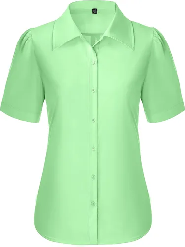 Miniatura 22 de Gleeivy Camisas de botones para mujer de manga corta abombada, camisas de vestir abotonadas con cuello ajustado, blusa superior de trabajo