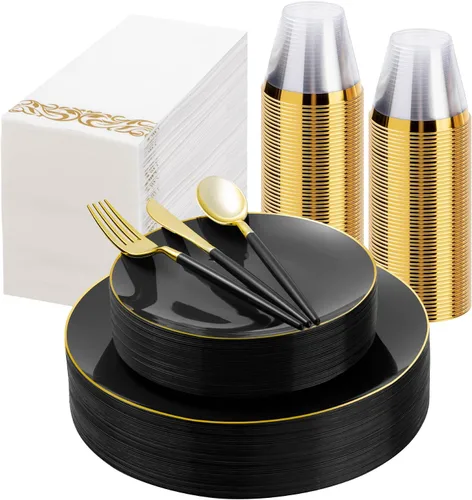 Bestluck - Juego de vajilla de plástico negro de 175 piezas, platos de plástico negro para 25 invitados, incluye 50 platos de oro negro con 75