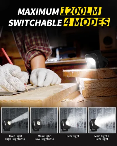 Miniatura 2 de Luz de trabajo LED con 4 modos, luz magnética COB portátil de 1200LM, foco recargable de 3350mAh y reflector, rotación de 150°, impermeable IP65