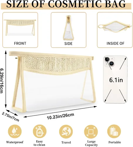 Miniatura 2 de Pequeñas bolsas de maquillaje transparentes de paja bohemia para mujeres y niñas, bolsa de cosméticos con cremallera de chenilla, bolsa de parche