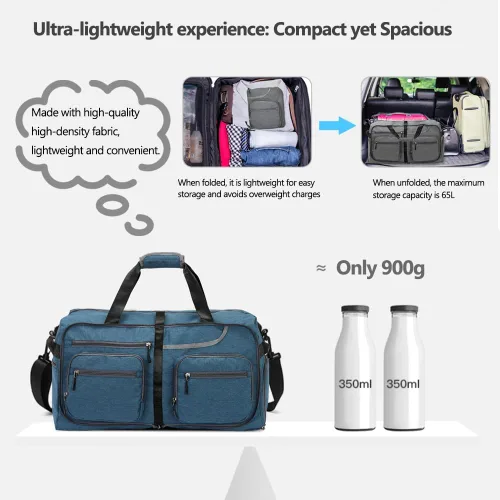 Miniatura 5 de Bolsa de viaje plegable de 65 litros con compartimento para zapatos y bolsillo húmedo, impermeable y resistente a desgarros, A4-azul oscuro