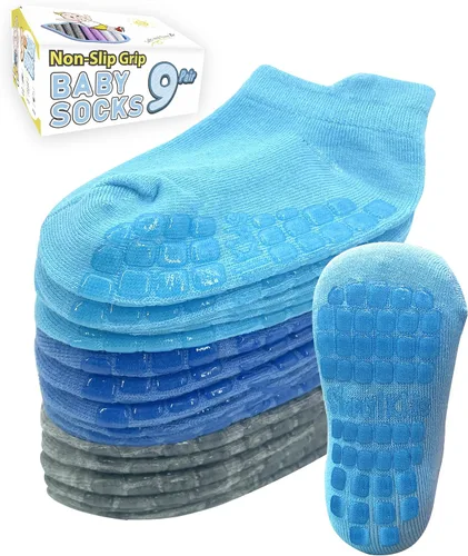 Simply Kids Calcetines tobilleros antideslizantes para bebé (9 pares), agarre superior, algodón suave, para niñas y niños activos (de 0 a 7 años)