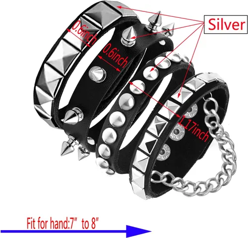 Miniatura 7 de 3 Pieces Punk Rock Leather Bracelets for Women Pop 80s 90s Emo Jewelry Accessories Retro Spiked Adjustable Wrap Wrist Cuffs