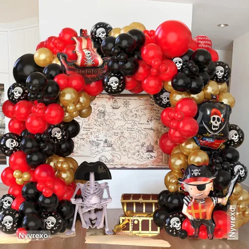 Miniatura 3 de Decoraciones de fiesta de cumpleaños pirata, 142 piezas de guirnalda de globos dorados metálicos rojos, negros, kit de arco de arco de globos