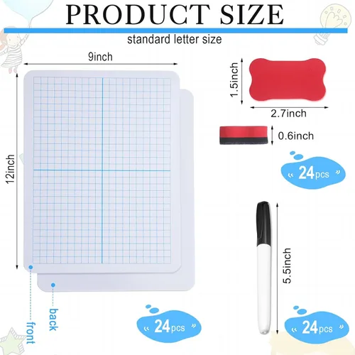 Miniatura 2 de Fulmoon Juego de 24 pizarras blancas con cuadrícula de borrado en seco XY Axis Graph de 9 x 12 pulgadas, pizarra blanca con bolígrafos y borradores