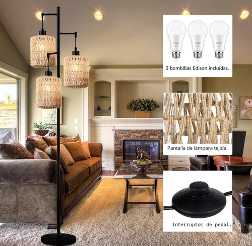Miniatura 5 de QIYIZM - Lámpara de pie con diseño de árbol de 3 bombillas; alta, rústica, estilo rural, industrial y boho, pantalla de mimbre y bambú; para sala