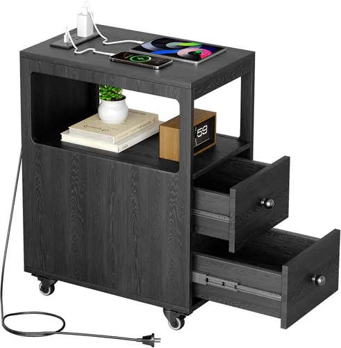 Mesa auxiliar estrecha con estación de carga y ruedas, mesa auxiliar de sofá estrecha móvil con puertos USB y salidas para espacio pequeño, sala de