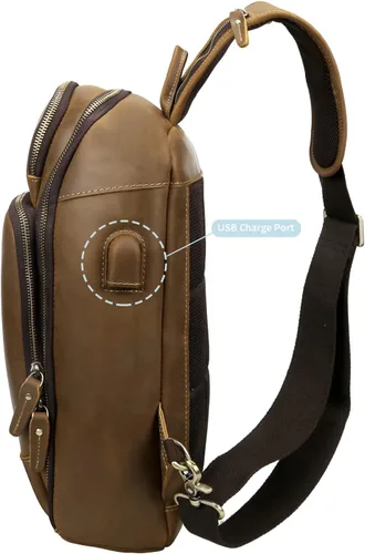 Miniatura 5 de Bolso de cuero genuino de grano completo vintage para hombres, mini tamaño mediano pequeño, con puerto de carga USB, Medium-camello, Mochilas Sling