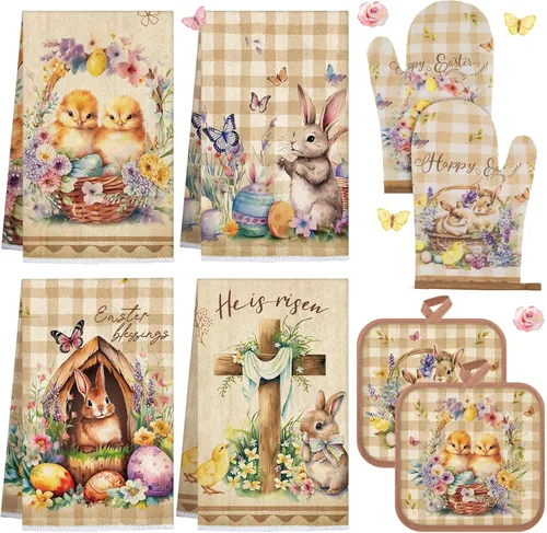 VitalCozy Juego de 8 toallas de cocina de Pascua, guantes de horno y soporte para ollas, toallas de cocina florales de Pascua, toalla de cocina