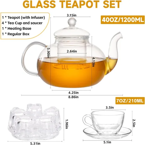 Miniatura 5 de Juego de teteras de vidrio, 40 onzas/40.6 fl oz, hervidor de té de vidrio seguro para estufa con infusor extraíble y calentador de té, tazas de té