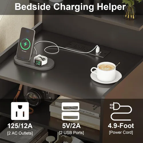 Miniatura 6 de Mesita de noche LED con estación de carga, mesita de noche con 2 cajones y almacenamiento abierto, mesa de noche con luces LED, mesa auxiliar Negro