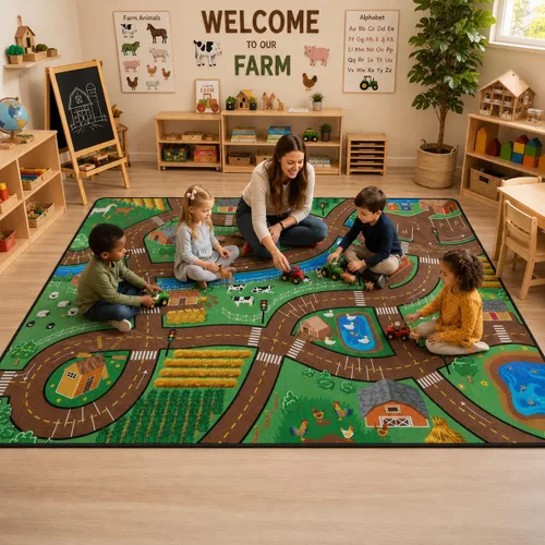 Miniatura 23 de Alfombras de juego para aula, alfombra de 5 x 7 pies para niños con parte trasera de goma, círculo colorido sobre fondo azul, alfombra de juego