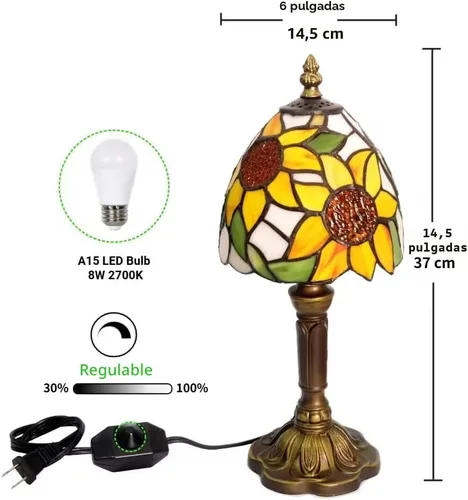 Miniatura 3 de BMXKPO Lámpara de mesa estilo Tiffany, lámpara de vidrio emplomado de girasol, pequeña lámpara de noche antigua de 6 pulgadas, para dormitorio, sala