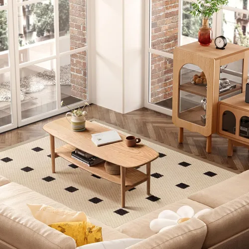 Mesa de centro 100% madera de roble maciza con estante abierto, mesa de centro ovalada estrecha para espacios pequeños, sala de estar (roble, 47.24