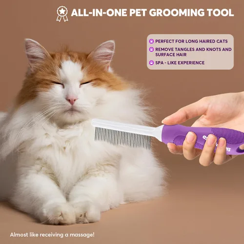 Miniatura 5 de Peine desenredante para mascotas para perros y gatos con dientes metálicos largos y cortos de acero inoxidable para eliminar enredos y nudos.