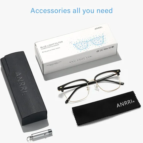 Miniatura 6 de ANRRI Gafas de luz azul para hombre, marco de metal Browline, protección UV 400, lente transparente, antifatiga ocular, gafas