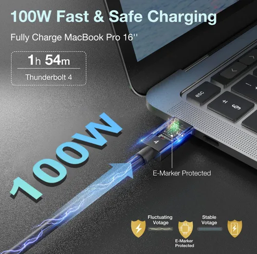Miniatura 3 de Cable Thunderbolt 4 de 40 Gbps [6.6 pies 6.6 ft] trenzado, carga PD, transferencia de datos de alta velocidad y 8K @60Hz 4K a 144Hz, USB C