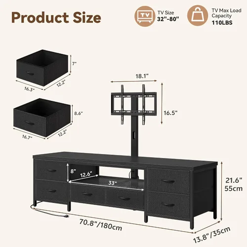 Miniatura 2 de Soporte de TV para TV de 80 pulgadas con soporte, centro de entretenimiento LED con cajones de tela y tomas de corriente, consola multimedia