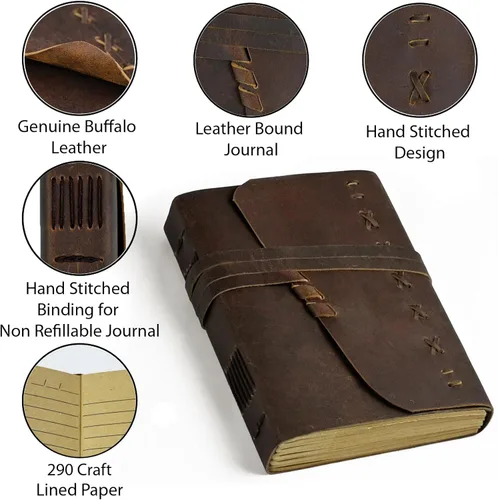 Miniatura 7 de Cuaderno de cuero para hombres y mujeres, diario vintage encuadernado en cuero, cuaderno de viaje con 290 páginas de papel rayado, diario