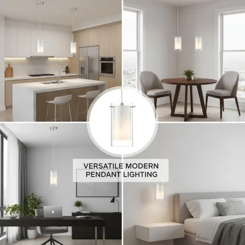 Miniatura 4 de AKEZON Lámpara colgante de 1 luz, lámpara de techo de vidrio para interiores, altura ajustable, acabado de níquel cepillado para cocina y comedor