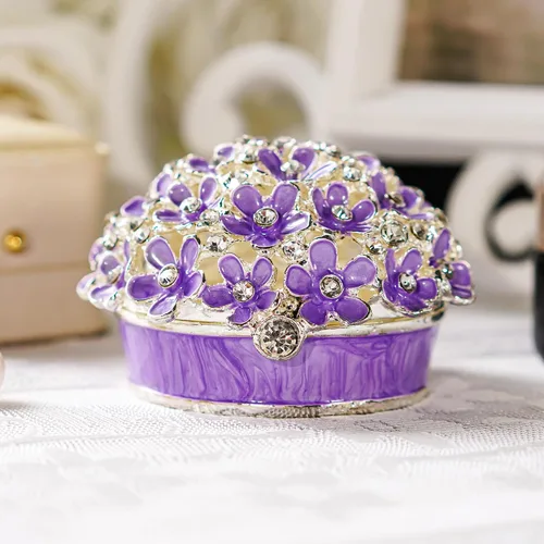 Miniatura 3 de YU FENG Cajas de baratijas con bisagras de 3 pulgadas con cristal esmaltado morado Forget Me Not Flower Butterfly Barinket Joyero para mujeres