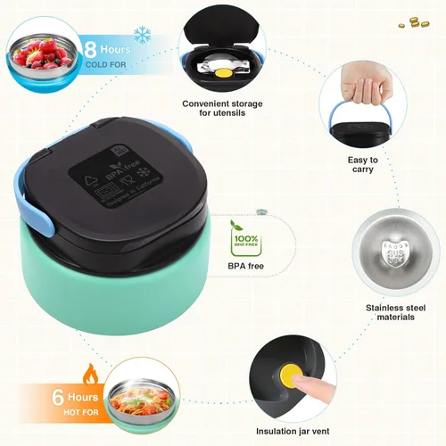 Miniatura 3 de Caja Bento Game para niños, lonchera con termo (tarro de comida de 9 onzas), cuchara plegable, divisor extraíble y taza de salsa, lonchera infantil