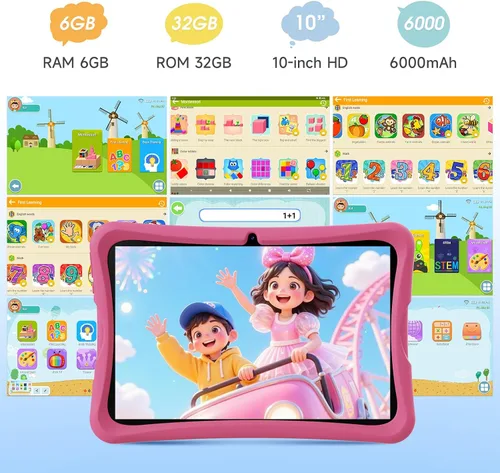 Miniatura 4 de DigiLand Tablet infantil de 10.1 pulgadas, tableta Android 15 para niños, 6G+32GB hasta 128GB, batería de 6000mAh, cámara dual, WiFi, BT 5.0, el Rosa
