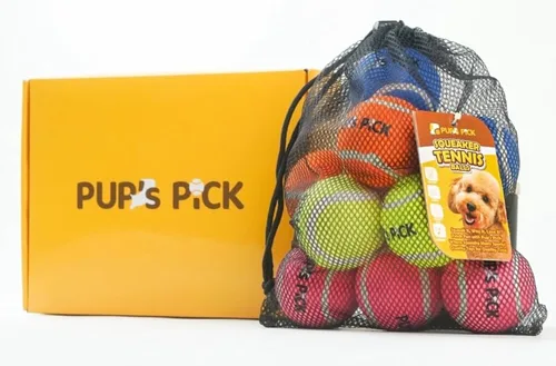 Pup's Pick Pelotas de tenis Squeaky – Pelotas divertidas para perros de 2.5 pulgadas para buscar, paquete de 12 en colores brillantes (amarillo,