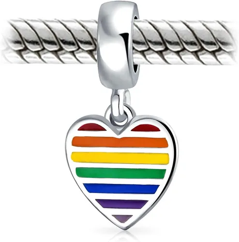 Miniatura 2 de Bling Jewelry Unisex .925 Sterling Silver Inspiration LGBTQ Rights Symbol Rainbow Yin Yang Circle Disc Tag Heart Dangle Bead Charm Personalized